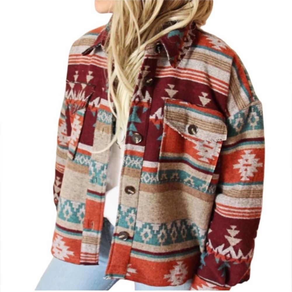 La Miel Women's Jacket Southwest Aztec Navajo Blanket Shacket Raw Hem Small
